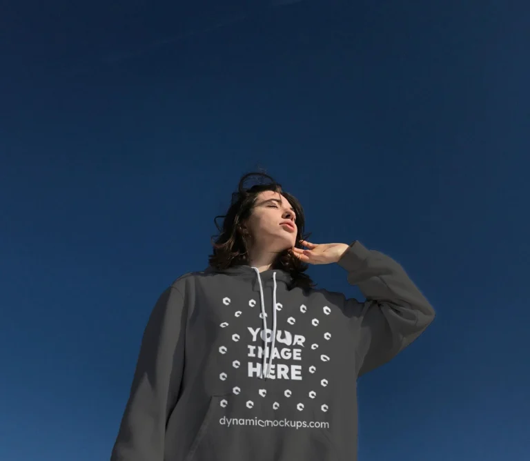 Woman Wearing Dark Gray Hoodie Mockup Front View Template