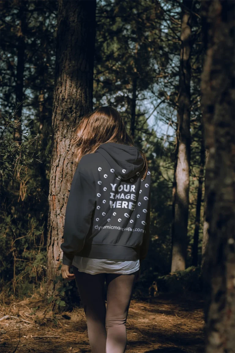 Woman Wearing Dark Gray Hoodie Mockup Back View Template