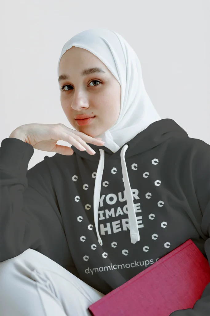 Woman Wearing Dark Gray Hoodie Mockup Front View Template