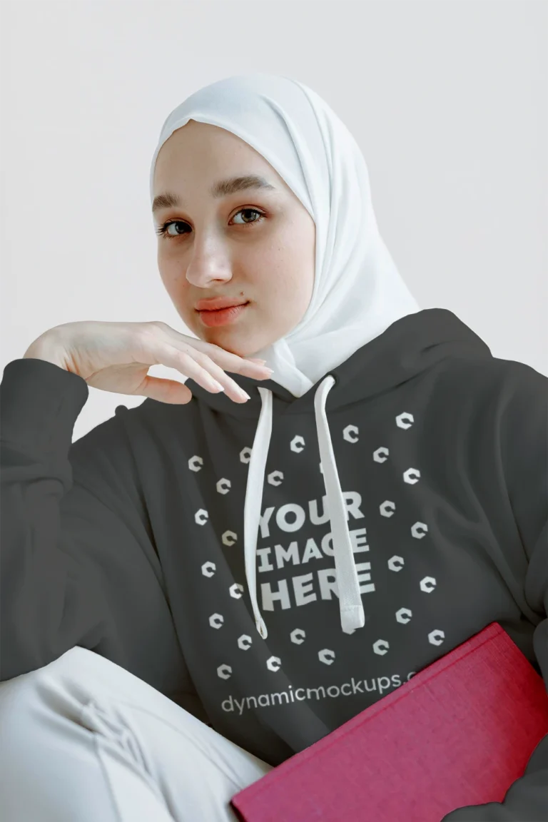 Woman Wearing Dark Gray Hoodie Mockup Front View Template