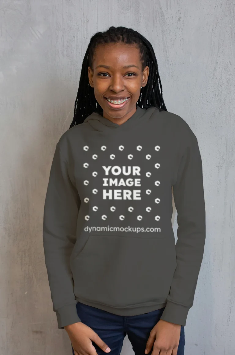Woman Wearing Dark Gray Hoodie Mockup Front View Template