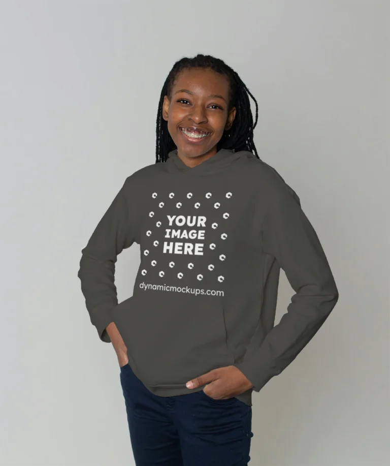 Woman Wearing Dark Gray Hoodie Mockup Front View Template