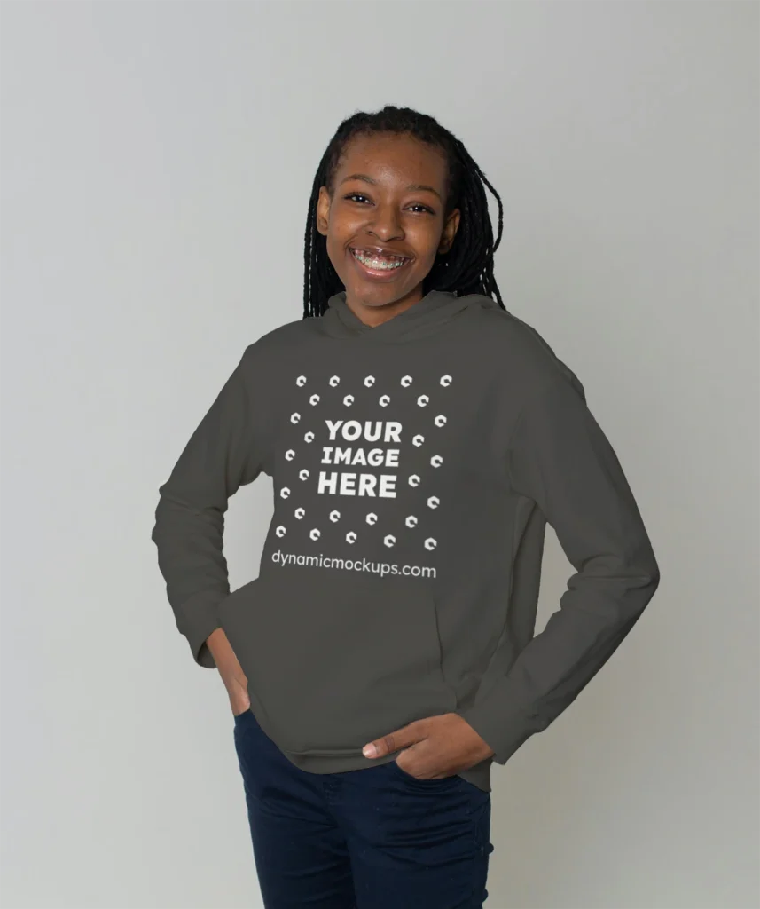 Woman Wearing Dark Gray Hoodie Mockup Front View Template