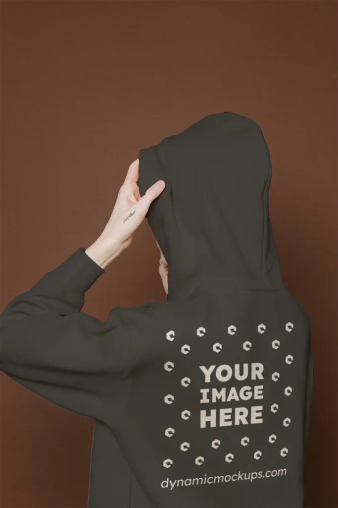 Woman Wearing Dark Gray Hoodie Mockup Back View Template