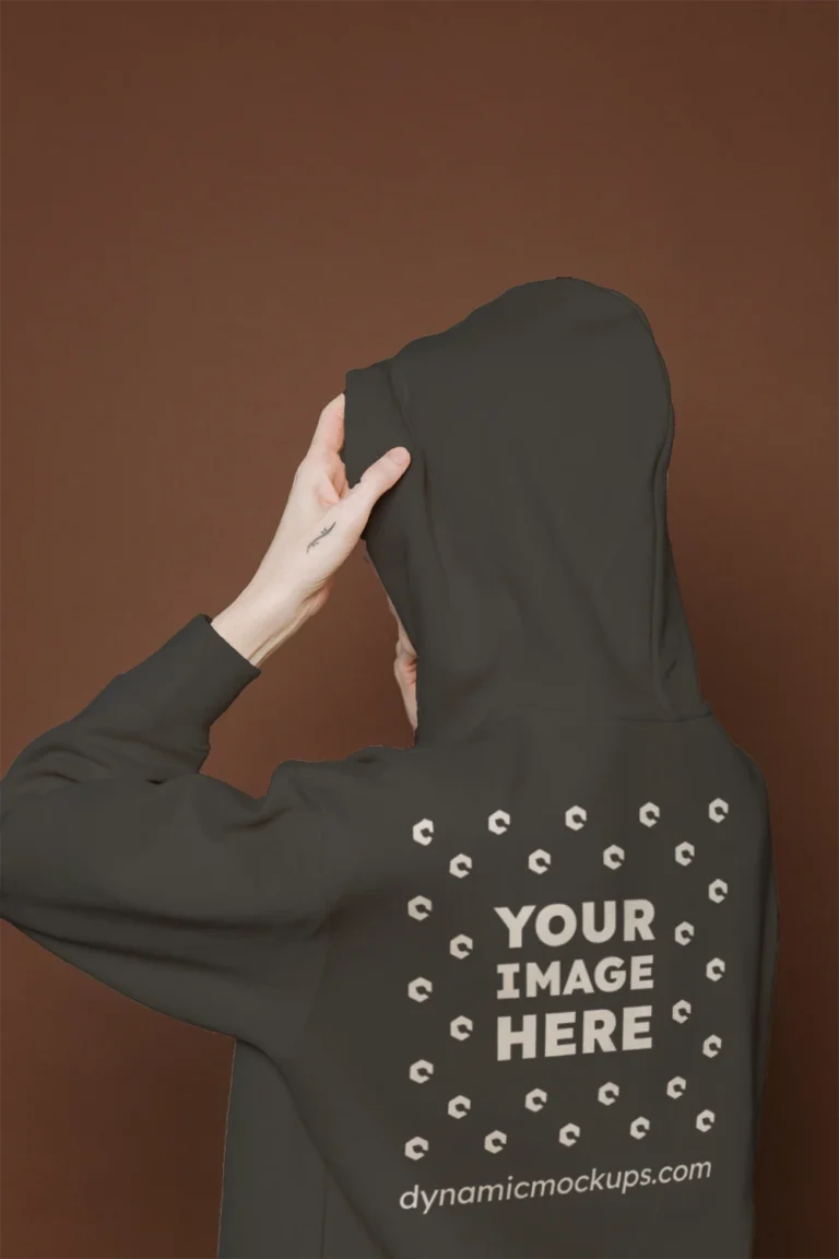 Woman Wearing Dark Gray Hoodie Mockup Back View Template