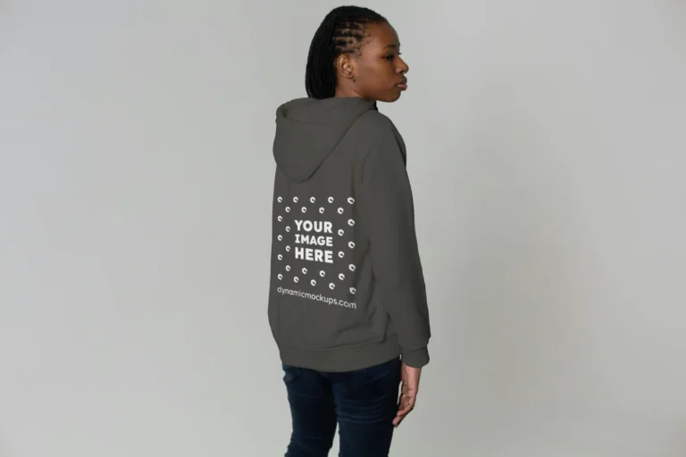 Woman Wearing Dark Gray Hoodie Mockup Back View Template