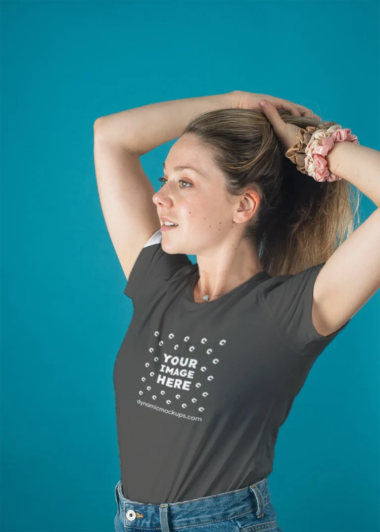 Woman Wearing Dark Gray T-shirt Mockup Front View Template