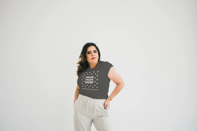 Woman Wearing Dark Gray T-shirt Mockup Front View Template
