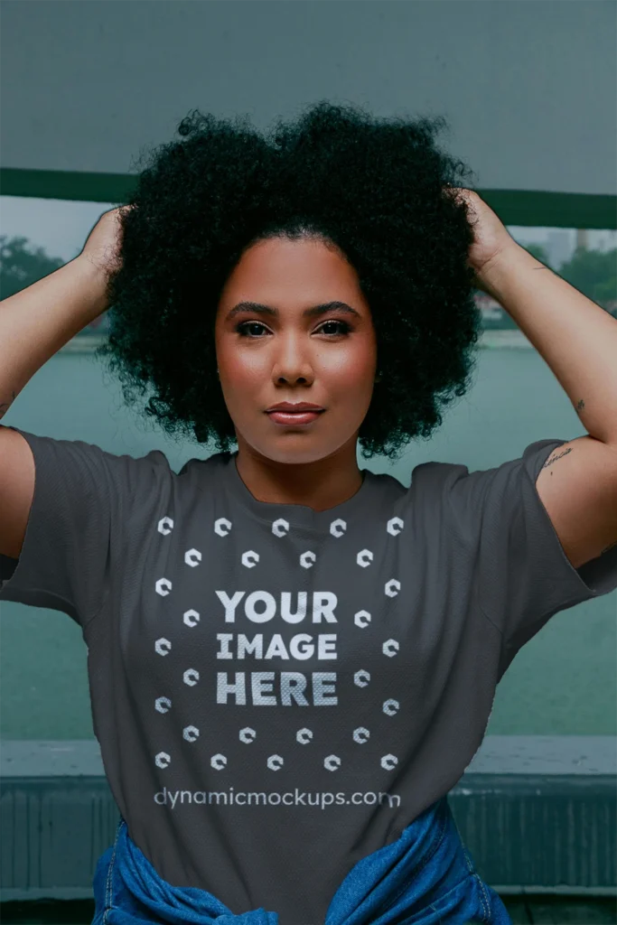 Woman Wearing Dark Gray T-shirt Mockup Front View Template