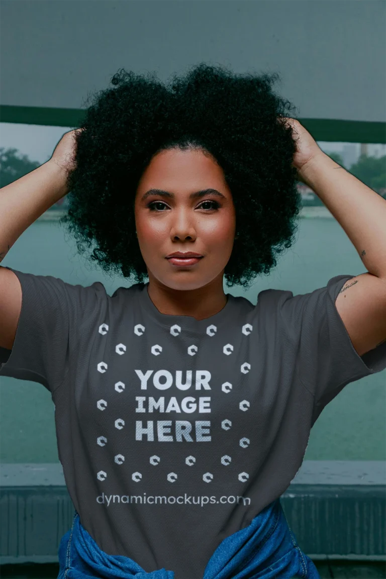 Woman Wearing Dark Gray T-shirt Mockup Front View Template