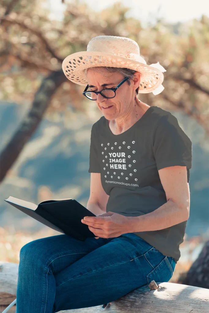Woman Wearing Dark Gray T-shirt Mockup Front View Template