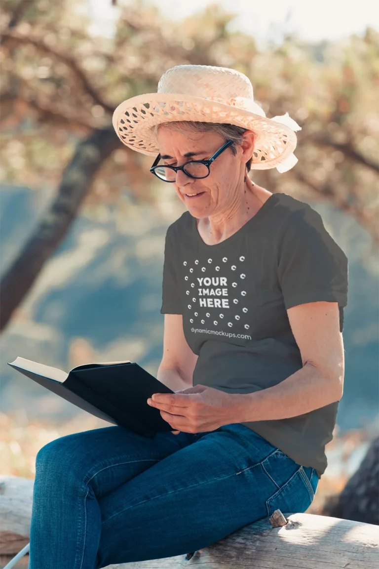 Woman Wearing Dark Gray T-shirt Mockup Front View Template