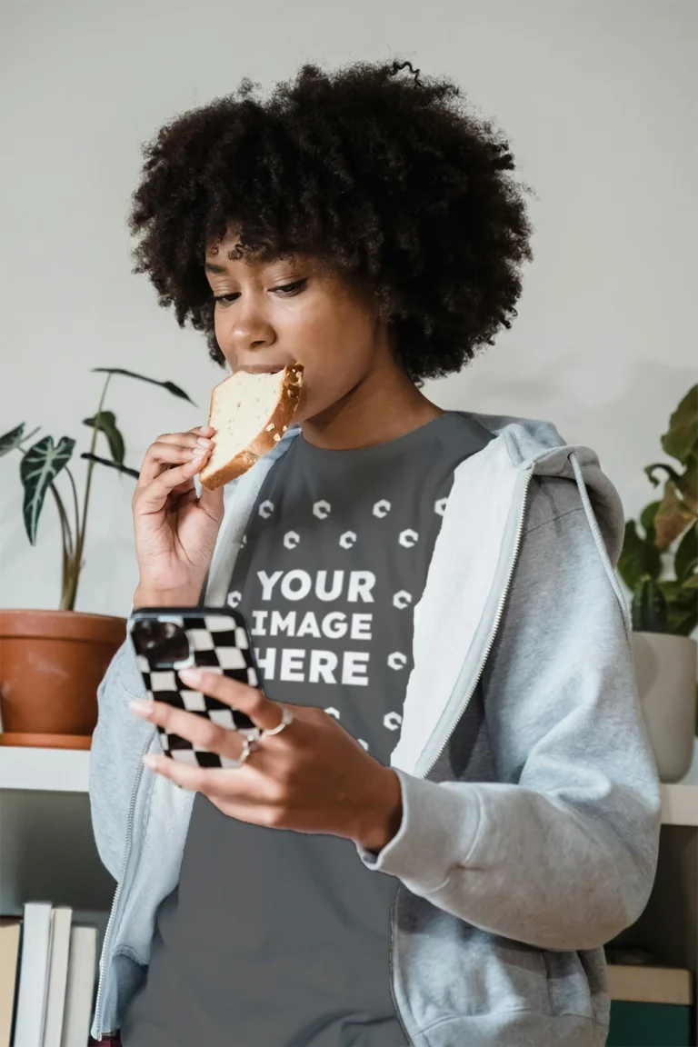 Woman Wearing Dark Gray T-shirt Mockup Front View Template