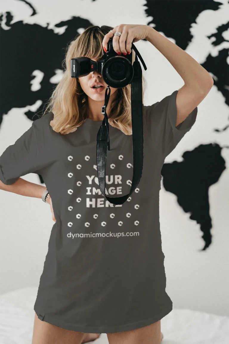 Woman Wearing Dark Gray T-shirt Mockup Front View Template