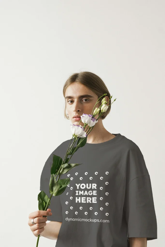 Woman Wearing Dark Gray T-shirt Mockup Front View Template