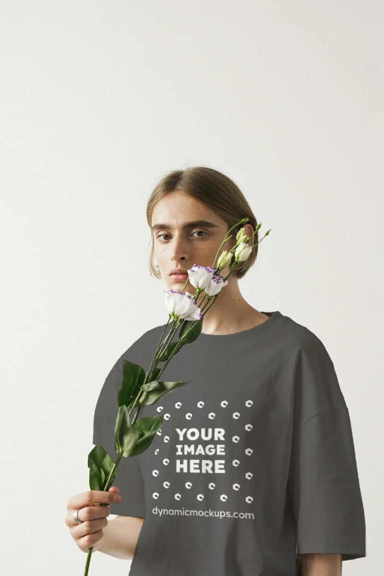 Woman Wearing Dark Gray T-shirt Mockup Front View Template