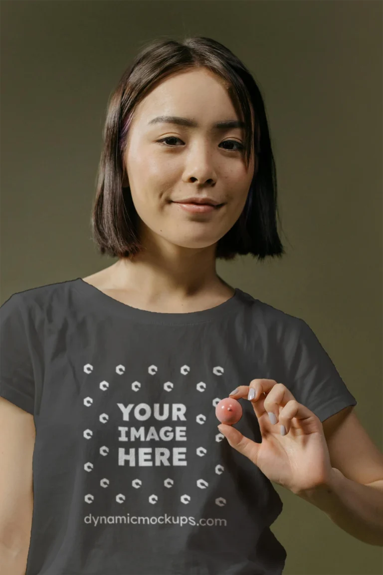 Woman Wearing Dark Gray T-shirt Mockup Front View Template