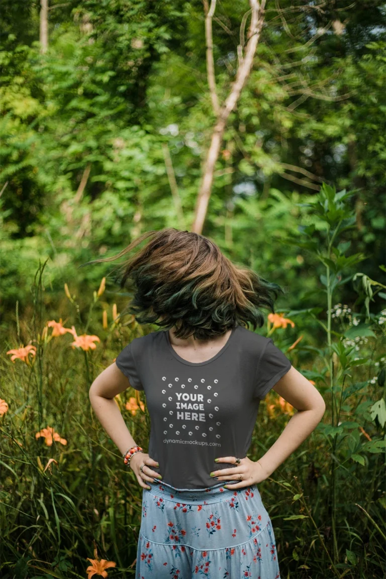 Woman Wearing Dark Gray T-shirt Mockup Front View Template