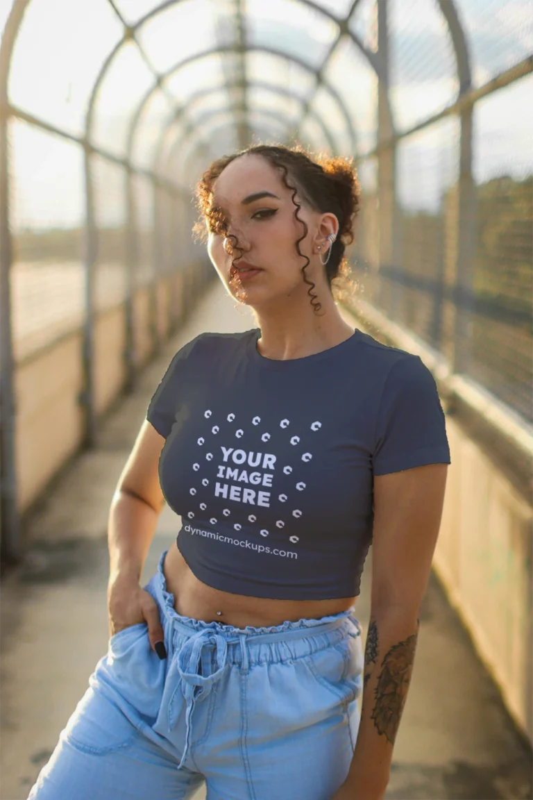 Woman Wearing Dark Gray T-shirt Mockup Front View Template