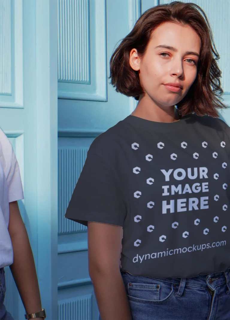 Woman Wearing Dark Gray T-shirt Mockup Front View Template