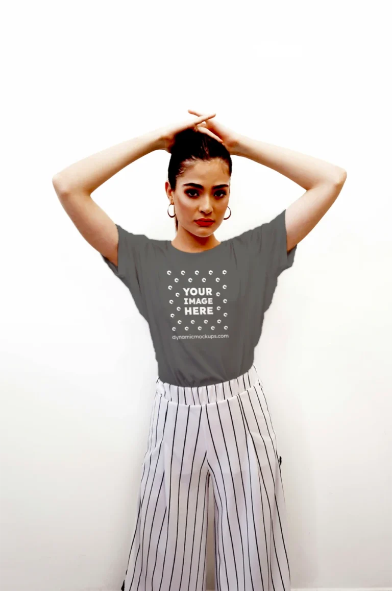 Woman Wearing Dark Gray T-shirt Mockup Front View Template