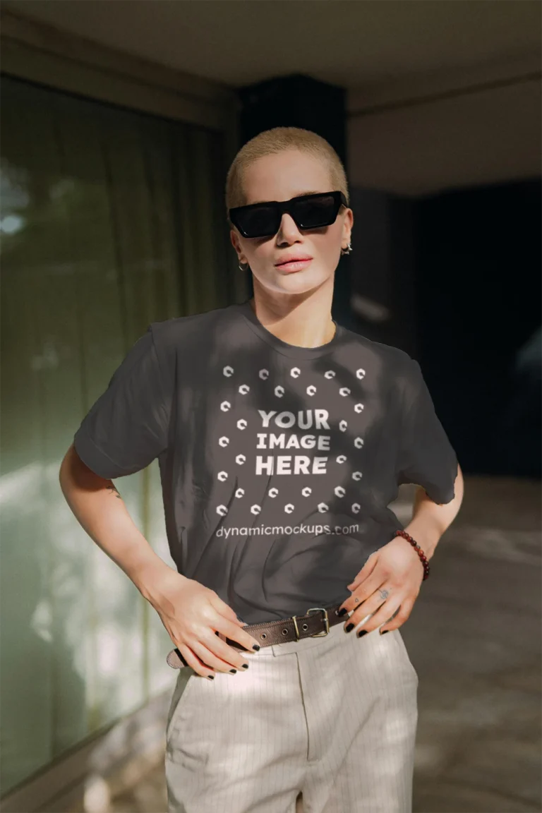 Woman Wearing Dark Gray T-shirt Mockup Front View Template