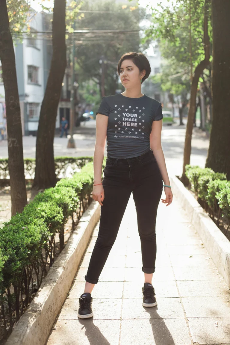 Woman Wearing Dark Gray T-shirt Mockup Front View Template