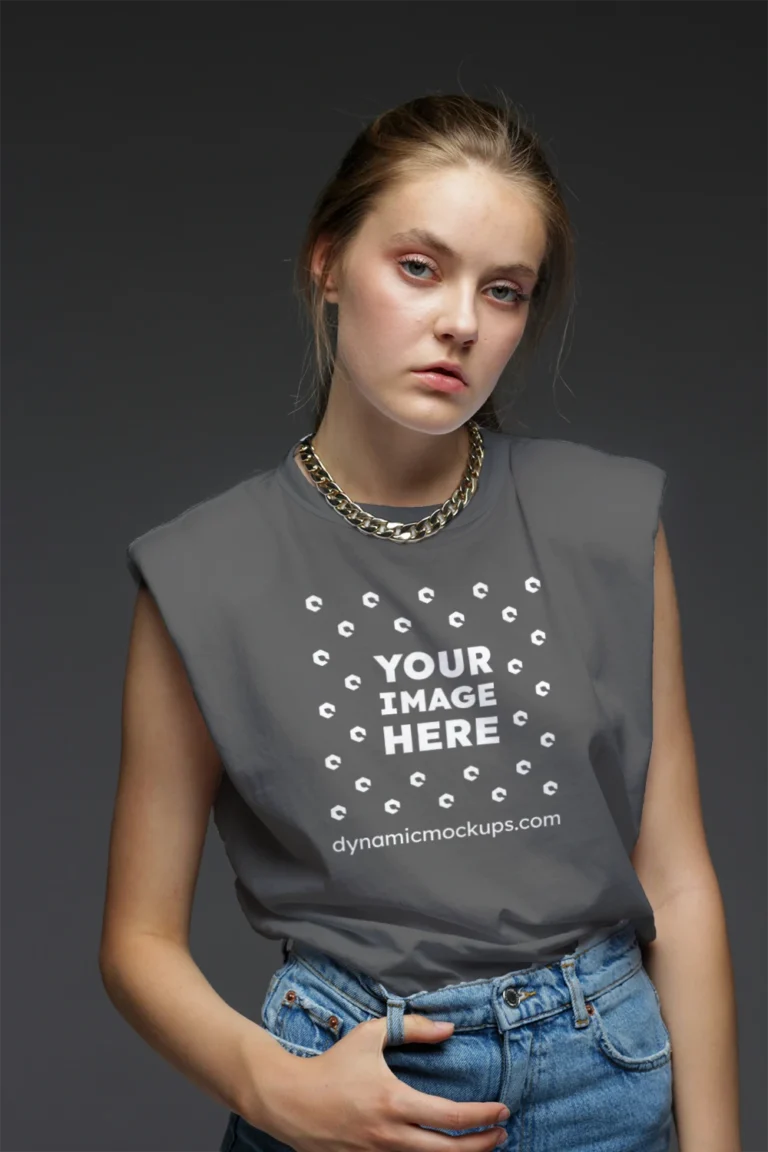 Woman Wearing Dark Gray T-shirt Mockup Front View Template