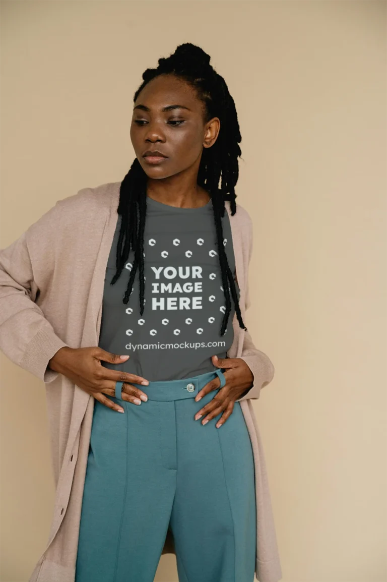Woman Wearing Dark Gray T-shirt Mockup Front View Template