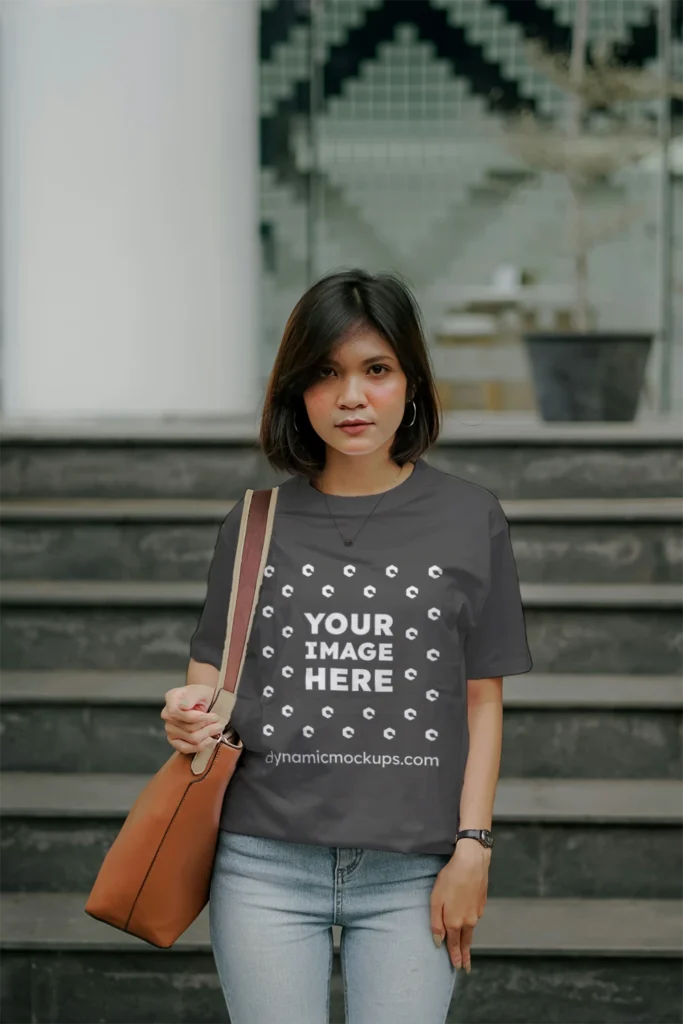 Woman Wearing Dark Gray T-shirt Mockup Front View Template