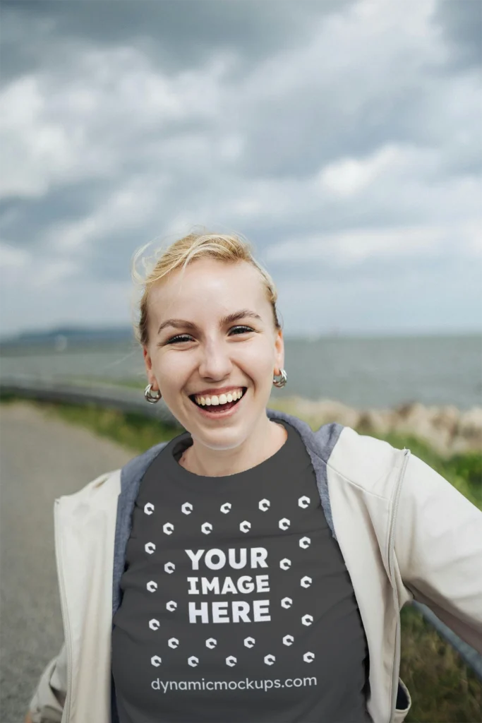 Woman Wearing Dark Gray T-shirt Mockup Front View Template
