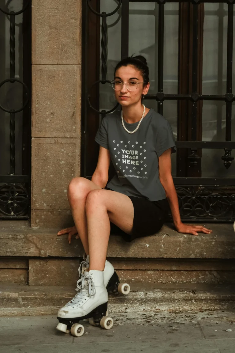 Woman Wearing Dark Gray T-shirt Mockup Front View Template
