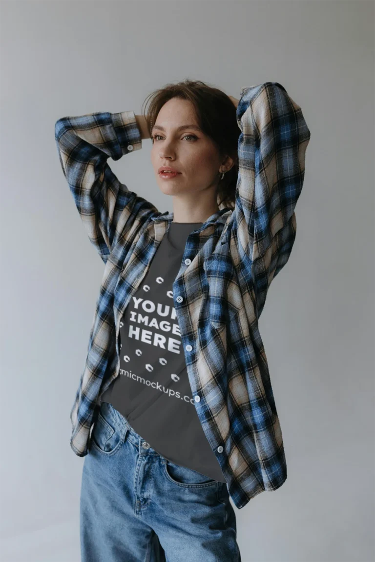 Woman Wearing Dark Gray T-shirt Mockup Front View Template