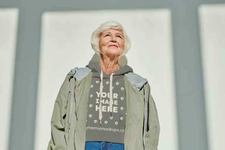 Woman Wearing Gray Hoodie Mockup Front View Template