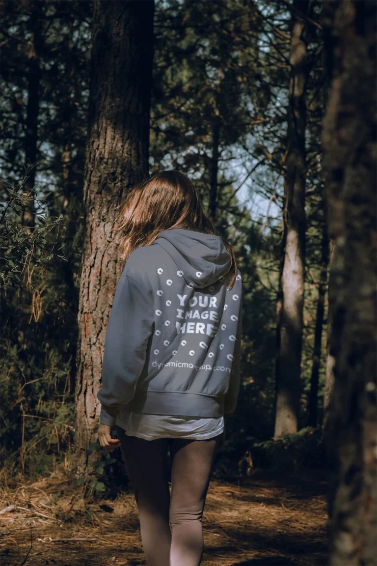 Woman Wearing Gray Hoodie Mockup Back View Template
