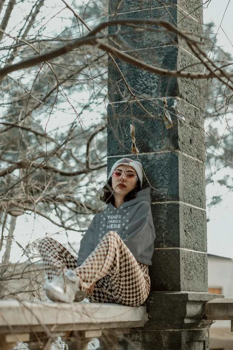 Woman Wearing Gray Hoodie Mockup Front View Template
