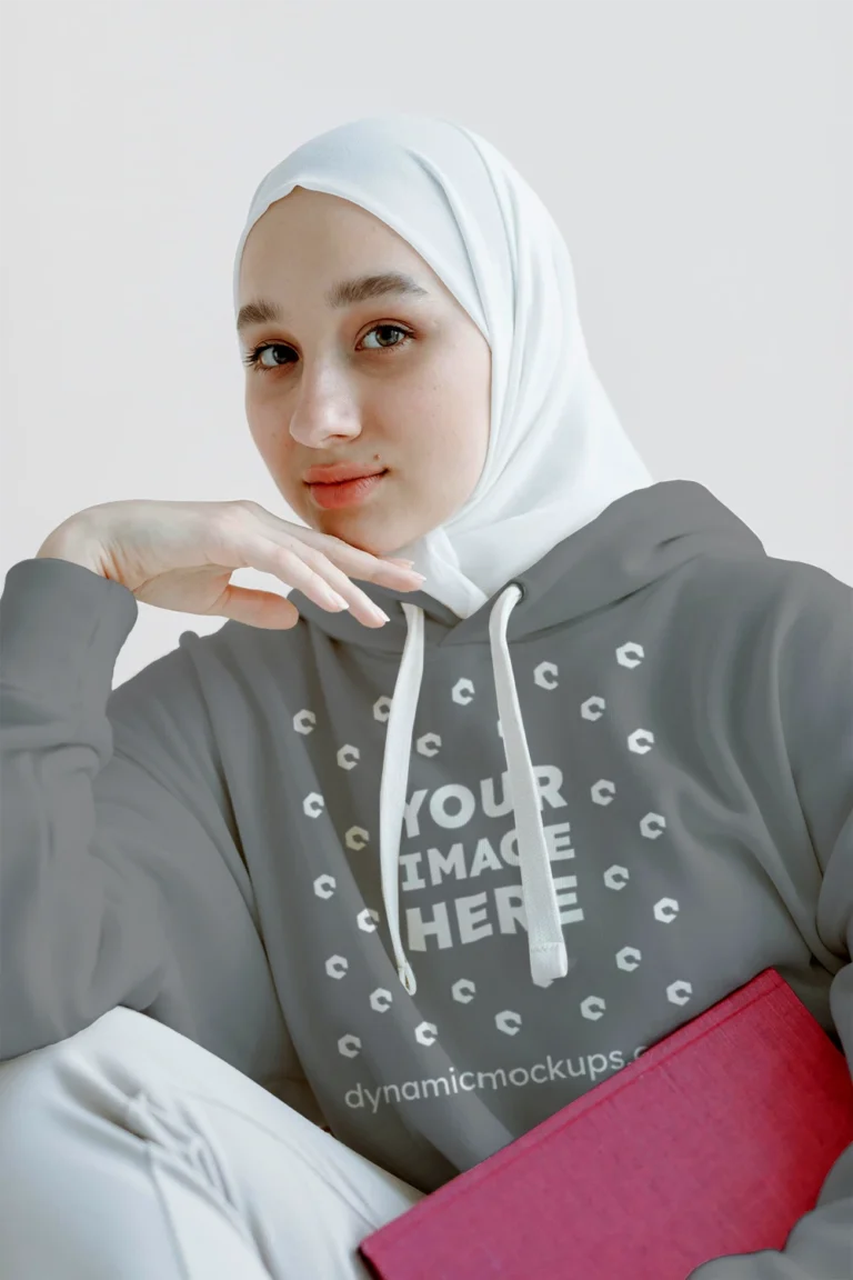 Woman Wearing Gray Hoodie Mockup Front View Template