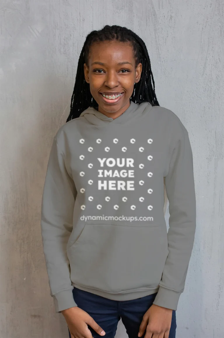 Woman Wearing Gray Hoodie Mockup Front View Template