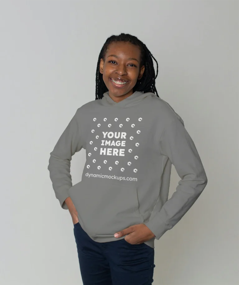 Woman Wearing Gray Hoodie Mockup Front View Template