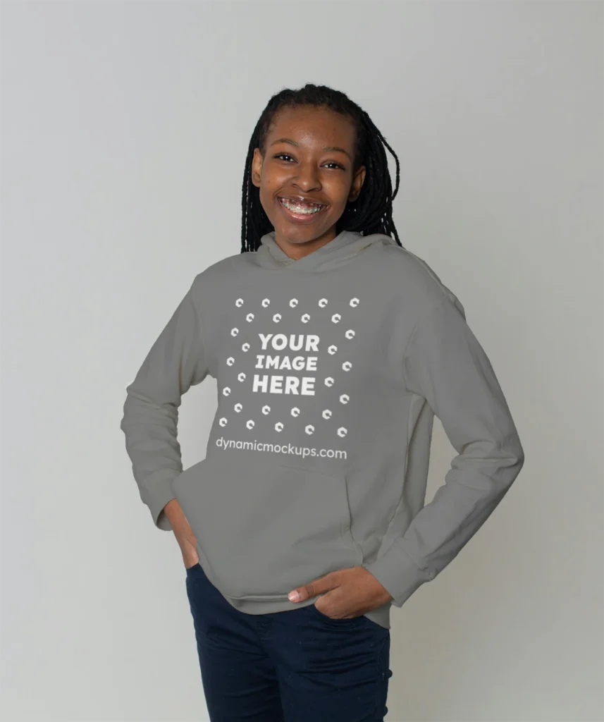 Woman Wearing Gray Hoodie Mockup Front View Template