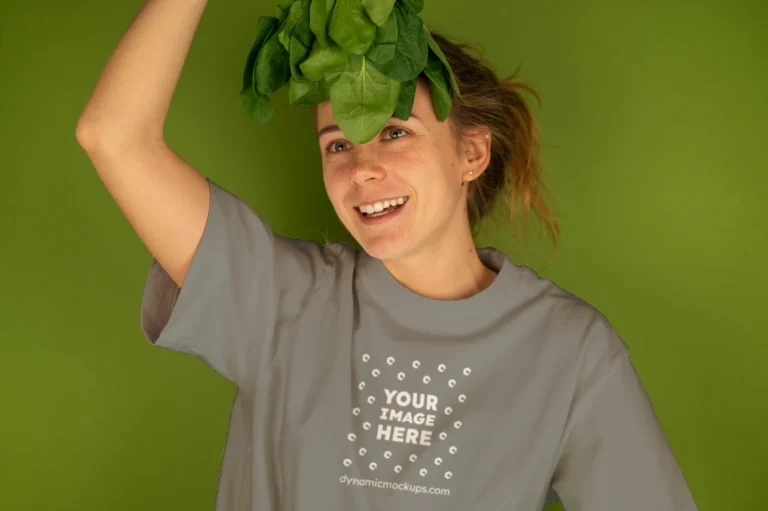 Woman Wearing Gray T-shirt Mockup Front View Template