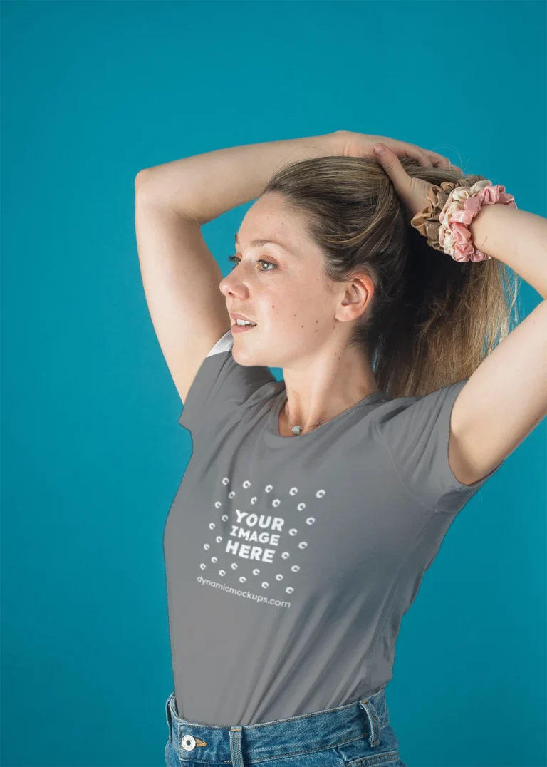 Woman Wearing Gray T-shirt Mockup Front View Template