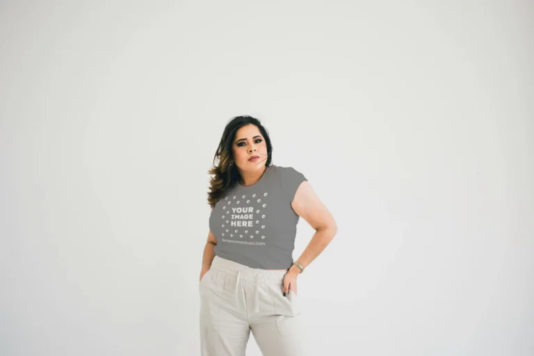 Woman Wearing Gray T-shirt Mockup Front View Template