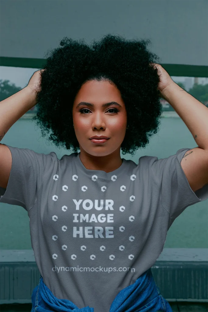 Woman Wearing Gray T-shirt Mockup Front View Template
