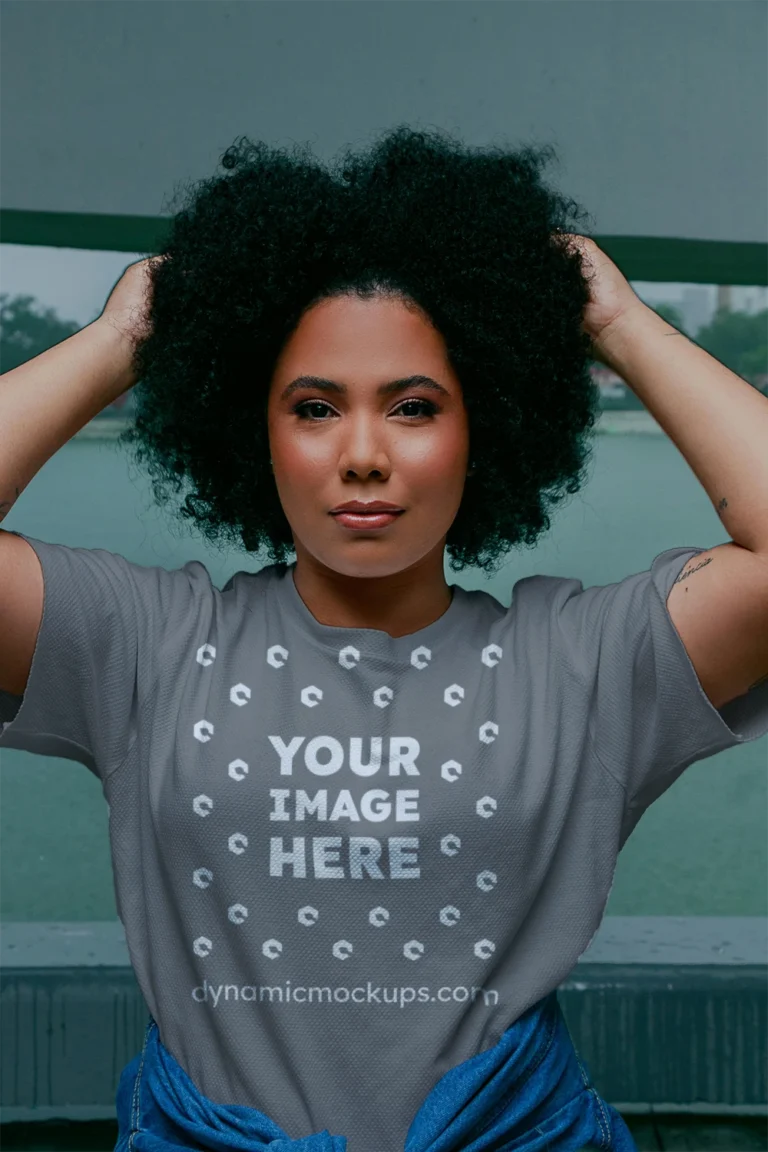 Woman Wearing Gray T-shirt Mockup Front View Template