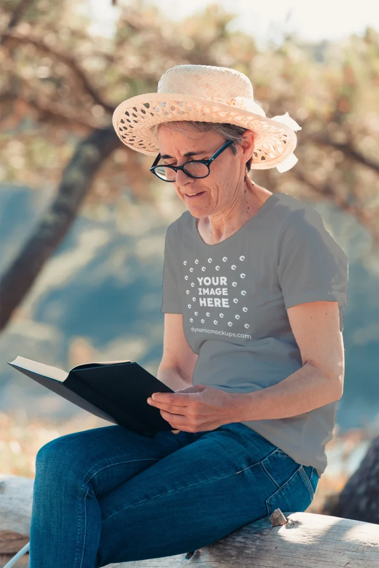 Woman Wearing Gray T-shirt Mockup Front View Template