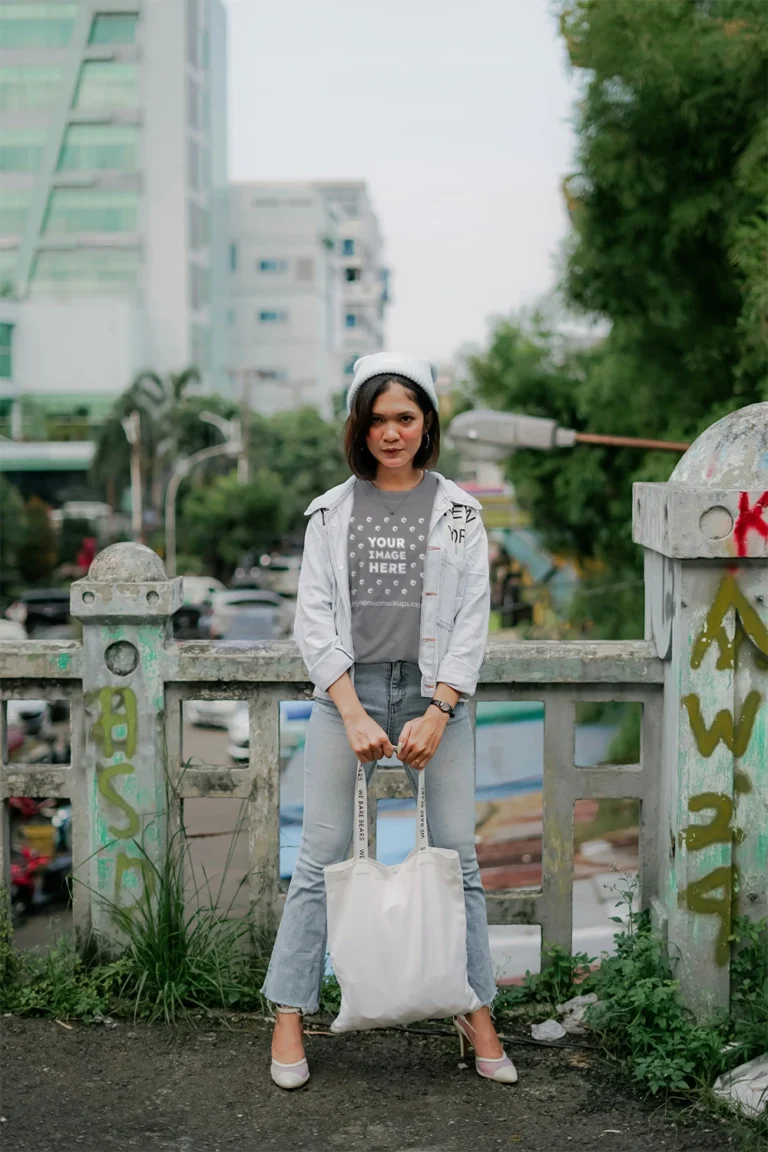Woman Wearing Gray T-shirt Mockup Front View Template