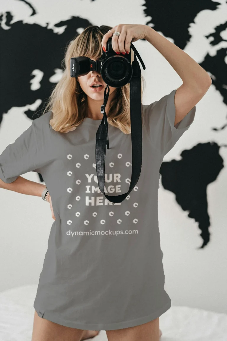 Woman Wearing Gray T-shirt Mockup Front View Template