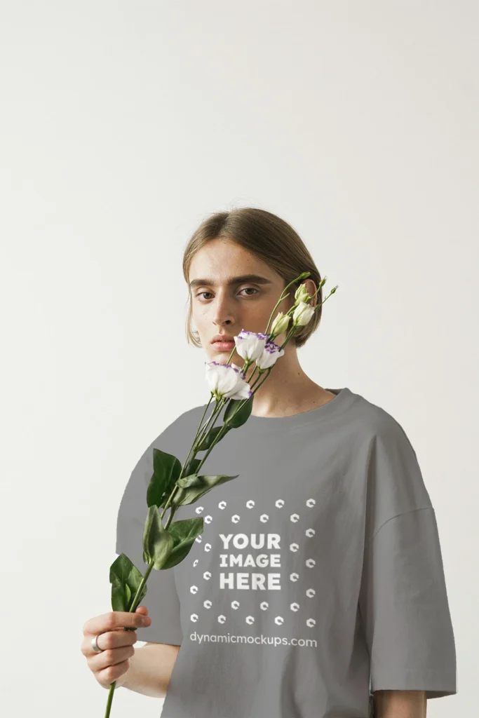 Woman Wearing Gray T-shirt Mockup Front View Template
