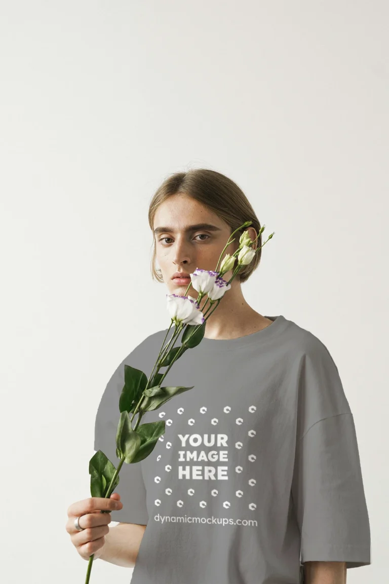 Woman Wearing Gray T-shirt Mockup Front View Template